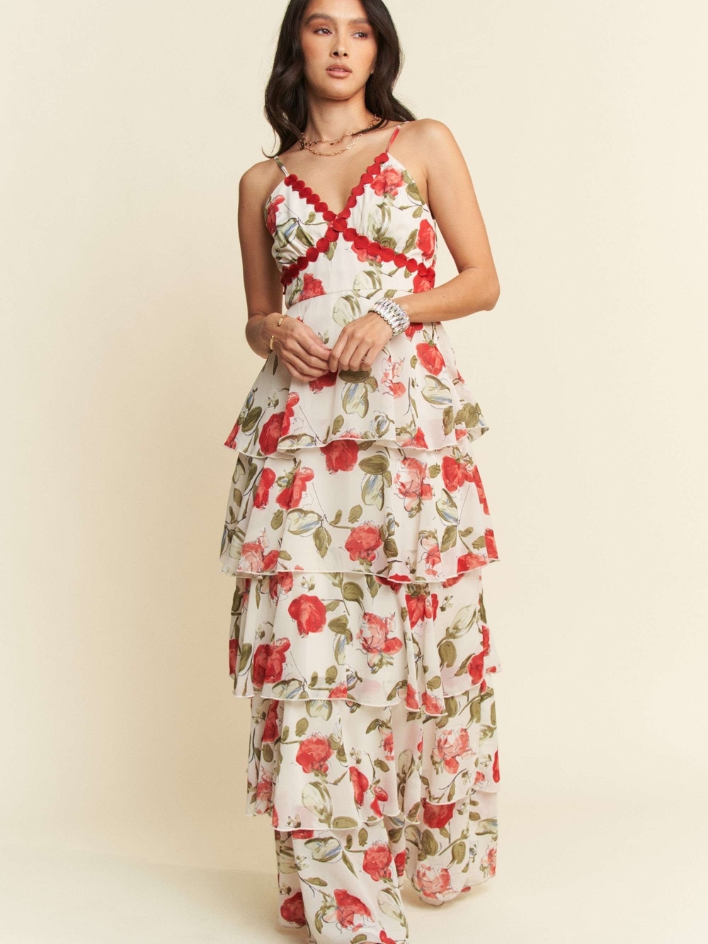 Ivory Floral Couture Look Tiered Maxi Dress with Red Floral Print